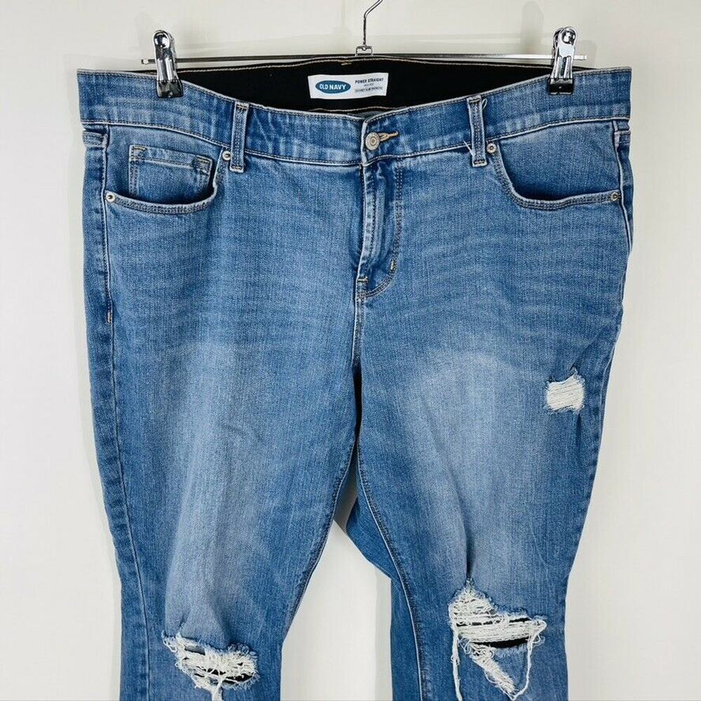 Old Navy Womans Sz 18 Power Straight Jeans Blue Pockets Distressed Comfort Waist - Picture 3 of 7